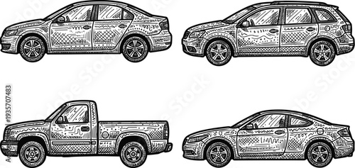 Four hand-drawn black and white sketches of different types of cars