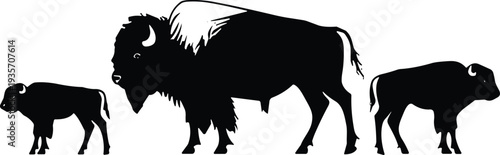 American bison silhouettes set with adult buffalo and calves wildlife animal illustration isolated prairie mammal design element collection