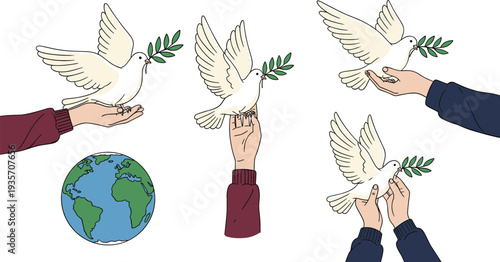 Hands releasing white peace dove with olive branch and earth globe icon for international peace and harmony vector