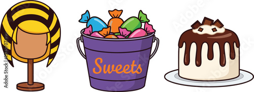 Ancient Egyptian Style Wig on Stand, Purple Bucket Filled with Colorful Wrapped Sweets, and Chocolate Drip Cake Vector Illustration Collection