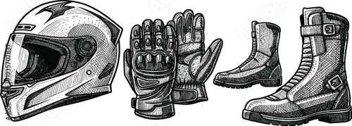 Set motorcycle rider equipment vintage vector illustration line art style drawing