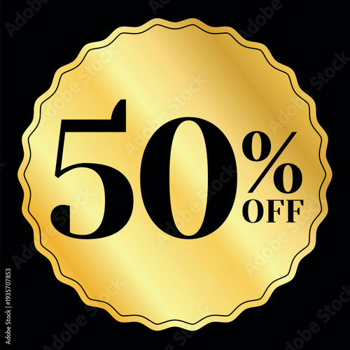 50 or fifty percent off. Discount on gold label or tag with wavy border for store promotions