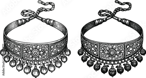 Set ethnic indian necklace vintage vector illustration line art style drawing fashion