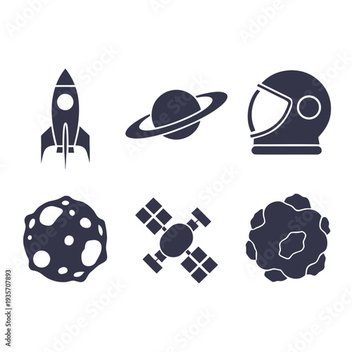Dark blue space-themed including rocket, planet, astronaut helmet, asteroid, satellite, and nebula
