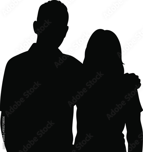 Silhouette illustration of two people standing together, arm around shoulder, unity, friendship, companionship, support concept, vector design representing relationship and togetherness