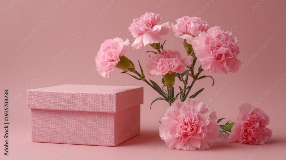 Fototapeta premium Pink Carnations and Gift Box on Soft Pink Background for Valentine