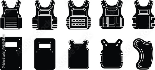 Tactical vest icon set bulletproof vest and body armor icons