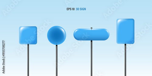 Blank blue road signs set. Circle, square, octagon, triangle, and rectangle traffic warning templates on metal poles against blue sky. Vector highway information mockup with copy space.