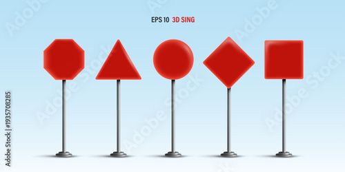Blank red road signs set. Circle, square, octagon, triangle, and rectangle traffic warning templates on metal poles against blue sky. Vector highway information mockup with copy space.