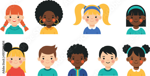 Cute Kids Avatar Collection with Diverse Children Faces Different Hairstyles Boys and Girls Flat Vector Character Portrait Set.