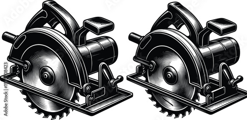 Circular saw silhouette illustration, woodworking power tool vector, construction equipment design, mechanical cutting blade artwork, industrial tool graphic elements for technical projects