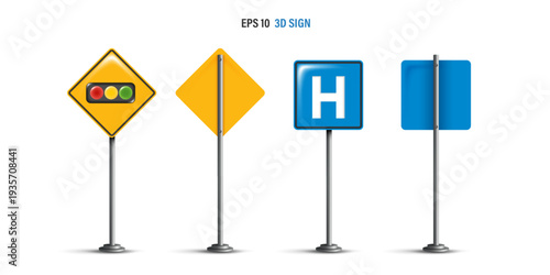 Set of 3D realistic traffic signs on metal poles. Yellow diamond warning sign with traffic lights and blue square hospital information sign with blank back views. EPS 10 vector illustration.