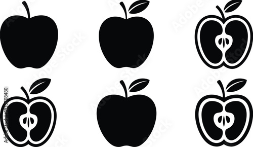 Apple fruit silhouette set whole and sliced healthy food icon vector illustration organic nutrition symbol isolated design collection