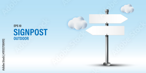 3D blank white directional signpost with left and right arrows on metal pole against light blue sky and fluffy clouds. EPS 10 vector illustration for outdoor navigation, travel and choice concepts.