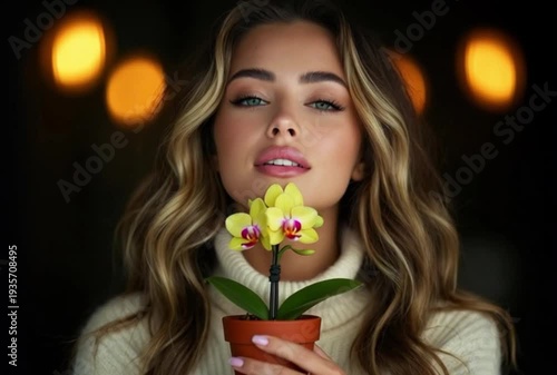 Beautiful smiling young woman with a red rose and flower bouquet expressing happiness and love