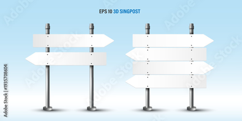 3D blank white directional signpost set with left and right arrows on metal pole against light blue sky and clouds. EPS 10 vector illustration template for outdoor navigation and choice concepts.