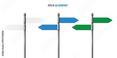 Set of 3D blank directional signposts in white, blue, and green colors with left and right arrows on metal poles isolated on a white background. EPS 10 vector illustration templates for navigation.