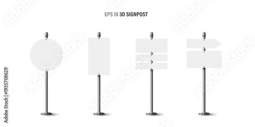 Set of 3D blank white signposts in various geometric shapes including circle and rectangle on metal poles isolated on a white background. EPS 10 vector illustration templates for info and messages.