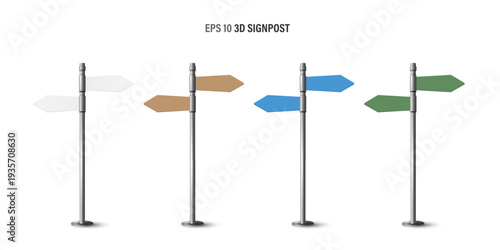 Collection of 3D blank directional signposts in white, brown, blue, and green colors on metal poles isolated on a white background. EPS 10 vector illustration templates for choice and navigation.