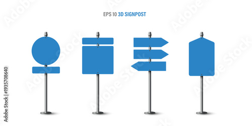Realistic 3D blue blank signpost set. Blank directional road signs, information boards, and arrows on metal poles. Vector EPS10 template for navigation, wayfinding, traffic rules, and street guidance.