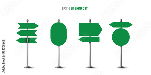 Realistic 3D green blank signpost collection. Empty directional road signs, arrows, and information boards on metal poles. Vector EPS10 template for traffic, navigation, wayfinding, and street guides.