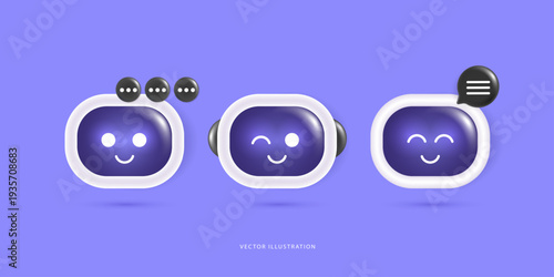 3D cute artificial intelligence chatbot avatars vector set. Friendly virtual assistant robots with different expressions smiling and winking for online customer support service, chat apps and design.