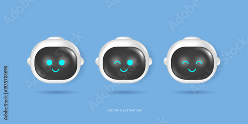 3D cute artificial intelligence chatbot avatars vector set. Friendly virtual assistant robots with different expressions smiling and winking for online customer support service, chat apps and design.