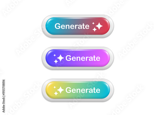 3D render of glossy gradient pill buttons with Generate text and sparkle icons. AI image generation prompt button UI UX design element for website or mobile app interface isolated on white background.