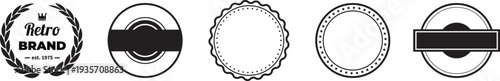Minimalist vintage badge and label collection featuring retro brand seals, circular stamps, and decorative emblem frames in black and white vector style, perfect for branding, packaging, logos, and pr