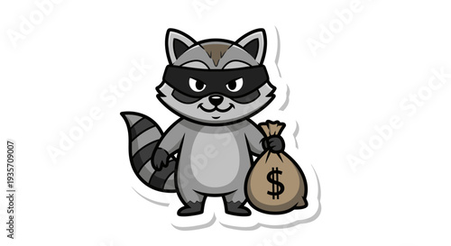 Cartoon raccoon thief with money bag in a bandit mask isolated illustration