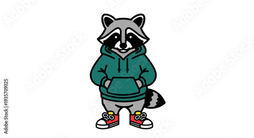 Cartoon raccoon wearing teal hoodie and red sneakers on white background