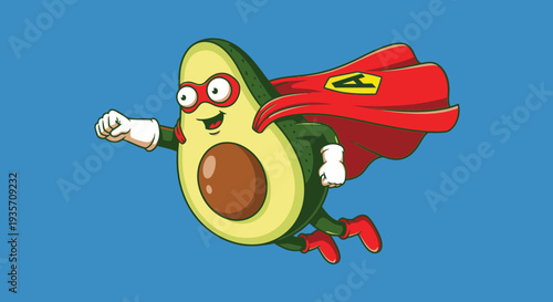 Cartoon superhero avocado flying with cape on blue background