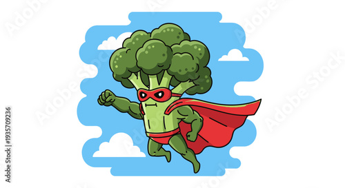 Cartoon superhero broccoli flying in the sky with red cape and mask