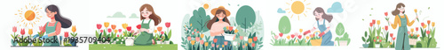 vector happy woman picking flowers in tulip garden