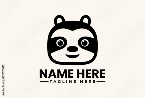 A black and white vector illustration of a raccoon's face with a customizable name and tagline on a clean background, featuring a logo design concept with a simple, iconic style.
