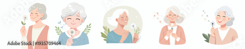 vector of happy grandma blowing dandelion flower