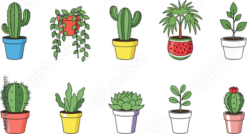 Cute Potted Cactus and Succulent Plants Collection with Hanging Vine Palm and Decorative Indoor Houseplants Vector Illustration Set.