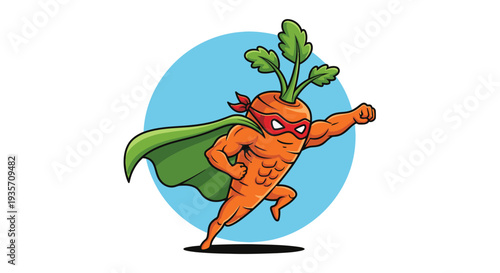 Superhero carrot cartoon character flying upwards on a white background