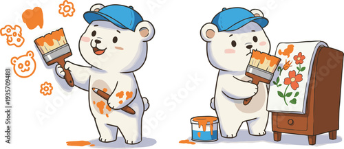 Cute bear artist painting flowers and doodles, creative cartoon character with paintbrush, colorful art design, children’s drawing learning illustration