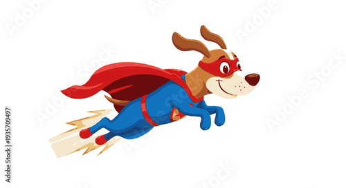 Superhero dog flying forward with cape and mask on white background