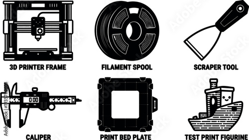 Flat design 3d printing tool icons set including printer frame filament spool caliper scraper test print figurine print bed plate