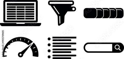 Flat icon set dashboard user interface spreadsheet filter pagination speedometer speed gauge bullet list search bar monochrome simple