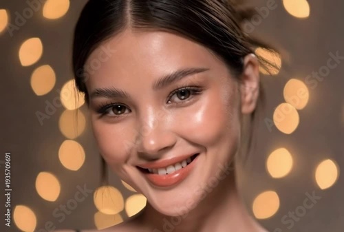 A closeup of a beautiful brunette model with a happy smile and glowing skin showcasing professional cosmetics and fashion makeup
