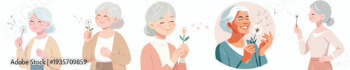 vector of happy grandma blowing dandelion flower