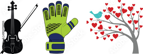 Black Violin Musical Instrument Silhouette with Professional Lime Green Sports Goalkeeper Glove and Romantic Red Heart Tree with Blue Bird Illustration