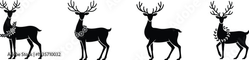 Christmas reindeer silhouettes collection with decorative wreath and ornaments festive deer illustration set isolated holiday design elements