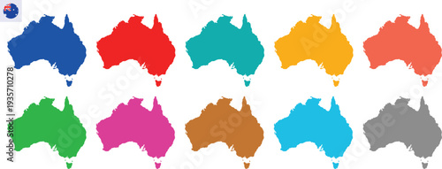 Australia Map Vector Illustration Multi-Color Set with Dark Blue, Red, Teal, Yellow, Coral, Green, Pink, Brown, Sky Blue, Gray, Isolated on Transparent Background, Editable AI EPS10 JPG PNG.