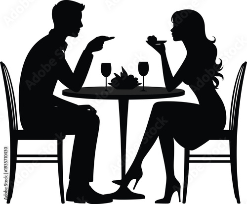 Couple dining at restaurant silhouette romantic dinner date conversation with wine glasses elegant people illustration isolated design