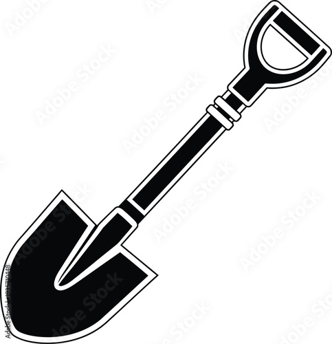 A black and white illustration of a garden shovel with a long handle