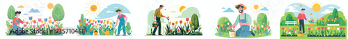 vector happy man picking flowers in tulip garden